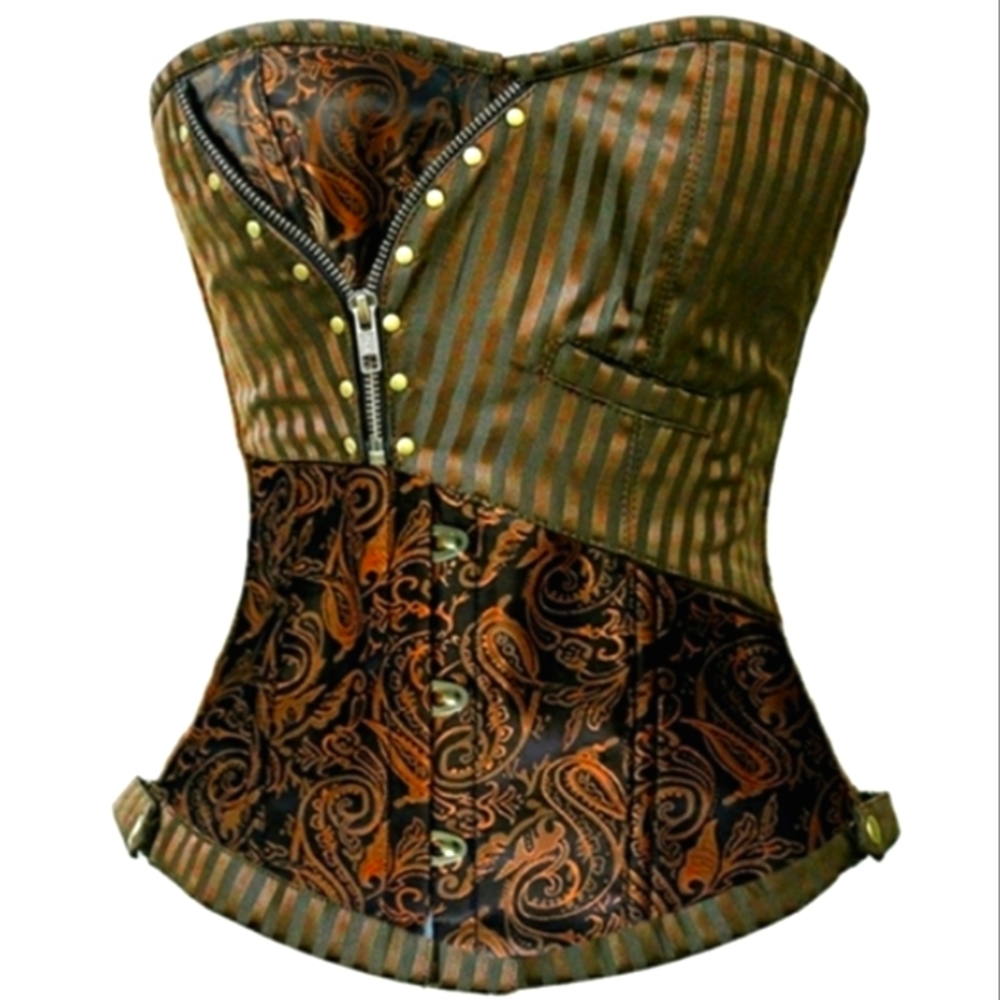 Steampunk Retro Brocade Victorian striped Corset Golden Brown - Picture 9 of 16